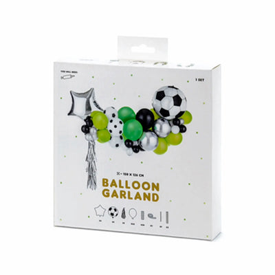 Ballon-set fußball mit ballon-girlande aus schwarz weiß gepunkteten, grünen, silbernen und fußball-förmigen luftballons