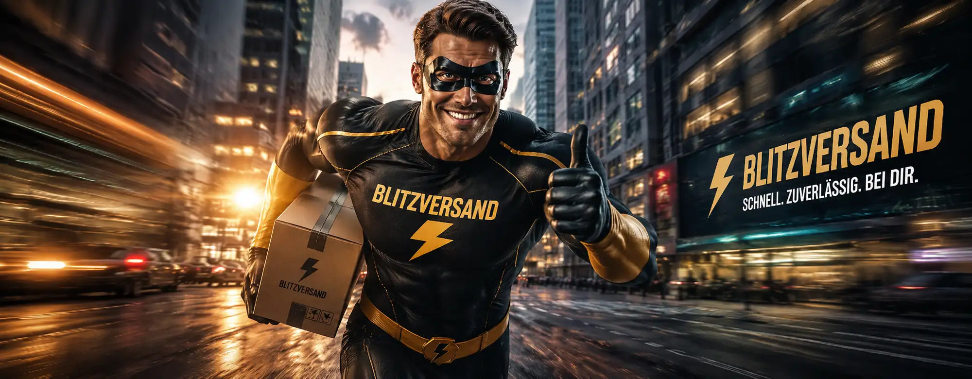 Superhelden-Kostüm in Schwarz und Gold mit „blitzver sand“ Branding, mit einem Blitz-Emblem auf der Brust.