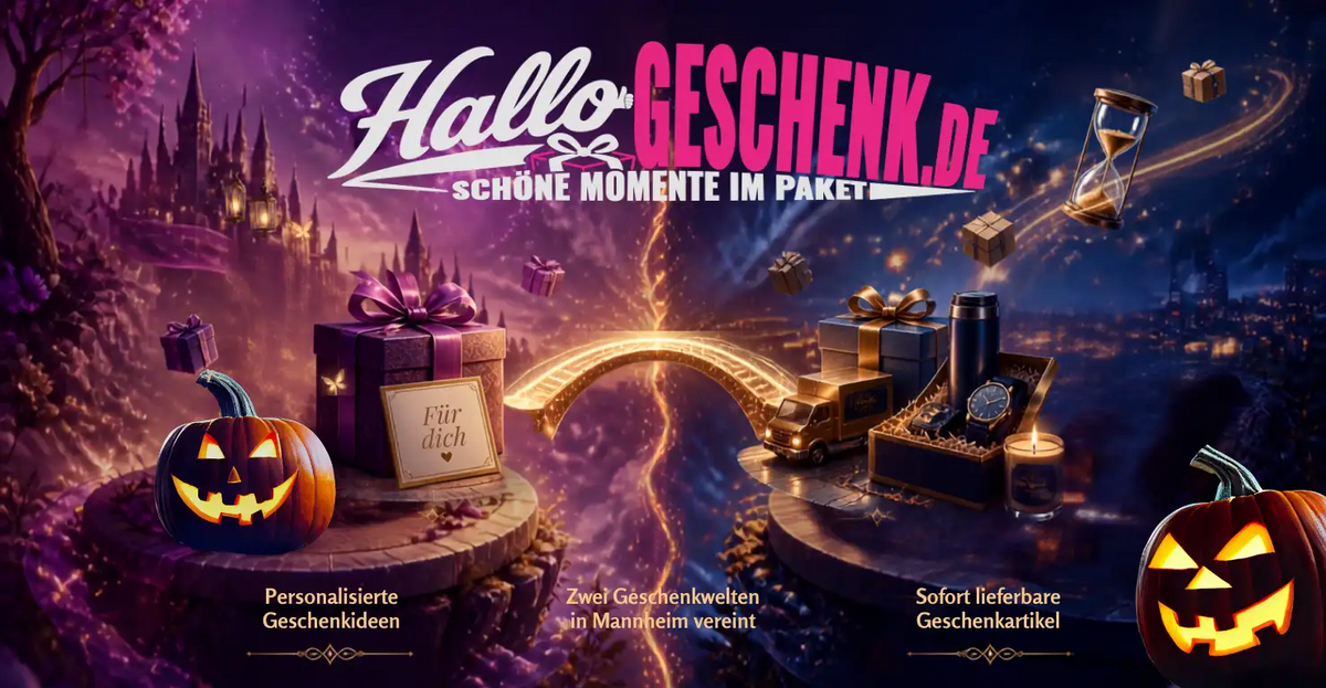 Eine lila Geschenkbox mit passender Schleife und einer kleinen Karte mit der Aufschrift „für dich“ steht auf einem steinernen Podest in der Szene.