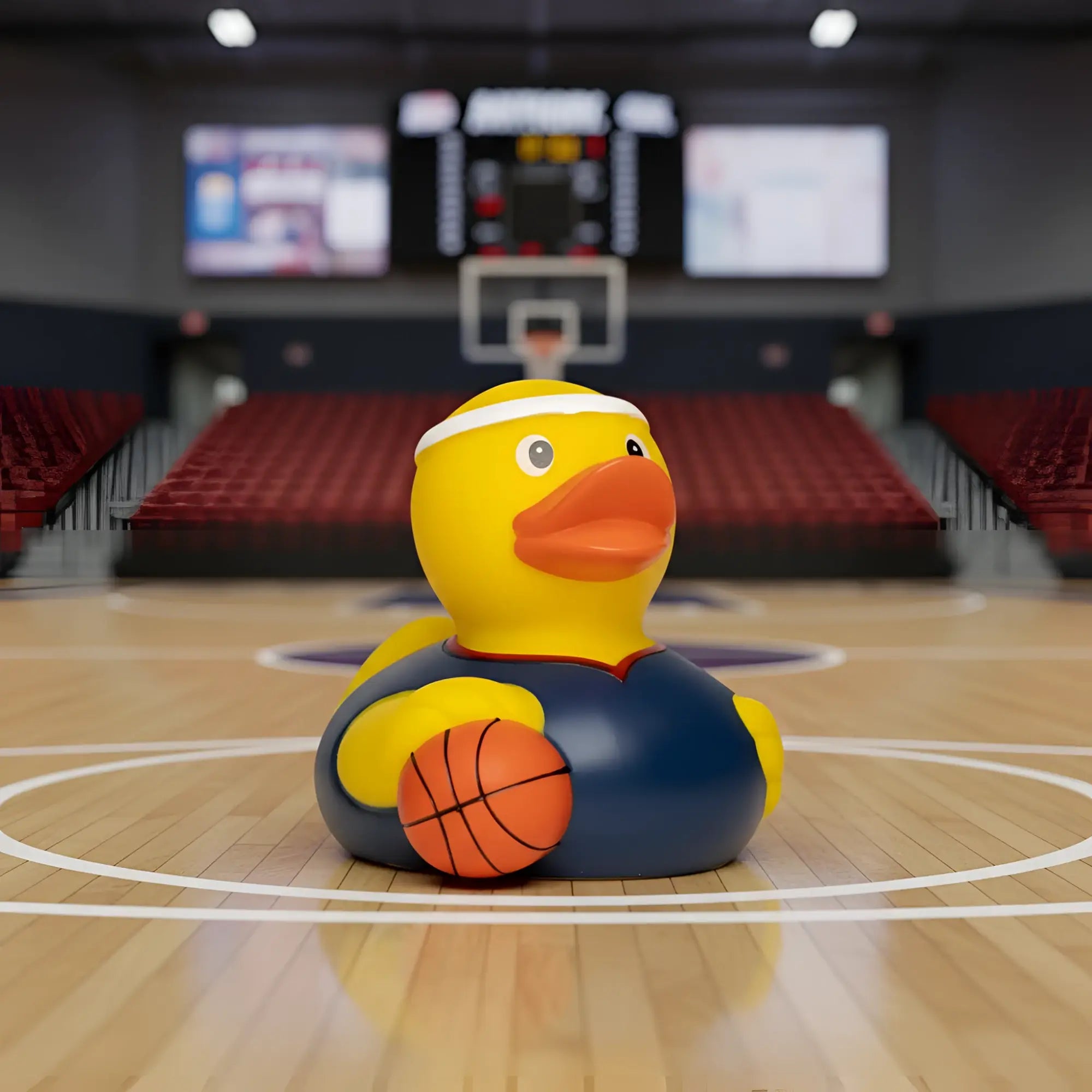 Gelbe quietsche-ente aus gummi mit navy basketball-trikot und orangefarbenem basketball für basketball-fans