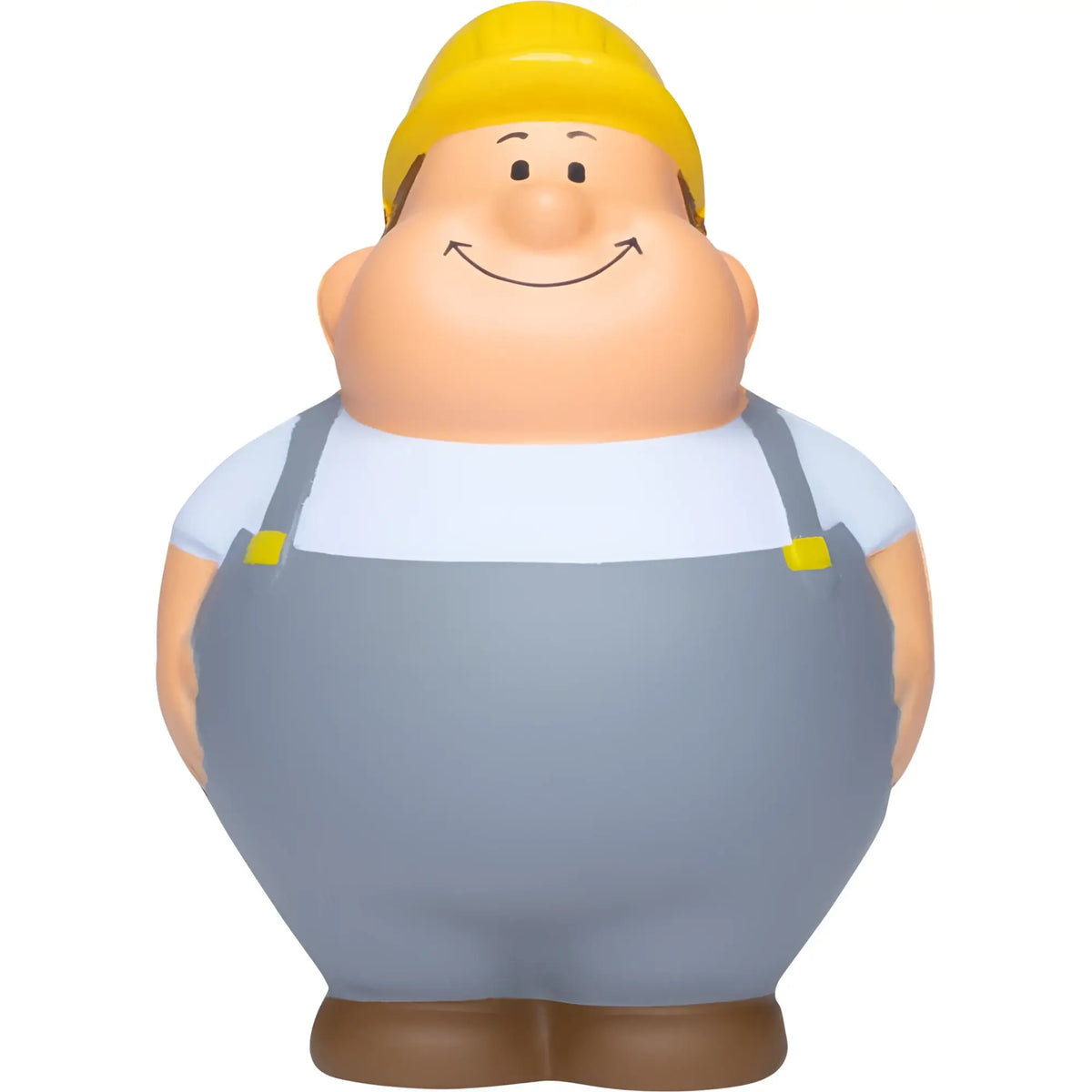 Bauarbeiter bert anti-stress-figur mit gelbem helm, hellblauem overall und weißem shirt lächelndes design
