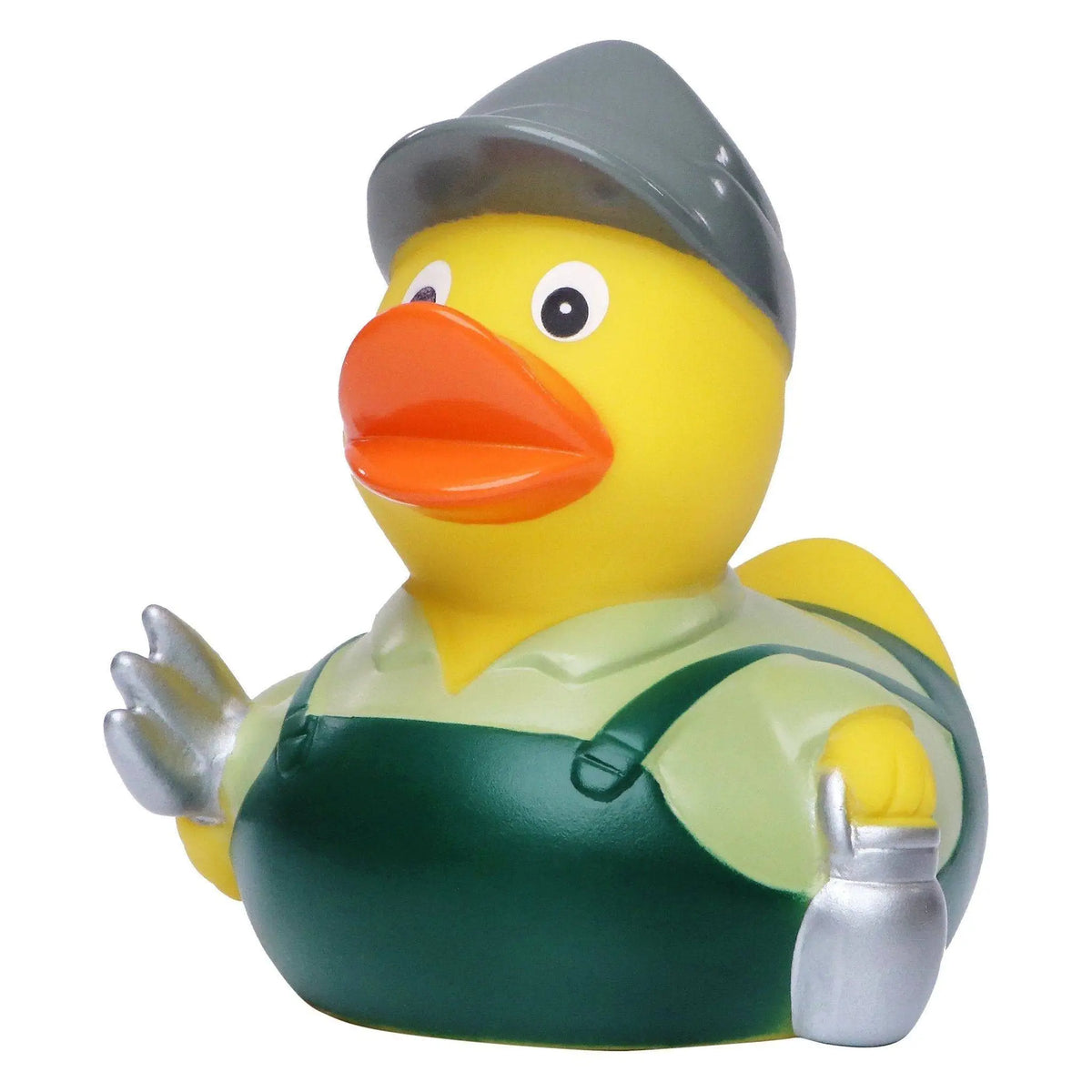 Gelbe bauernhof quietscheente mit grauem helm grünem overall silbernen handschuhen und werkzeuggürtel