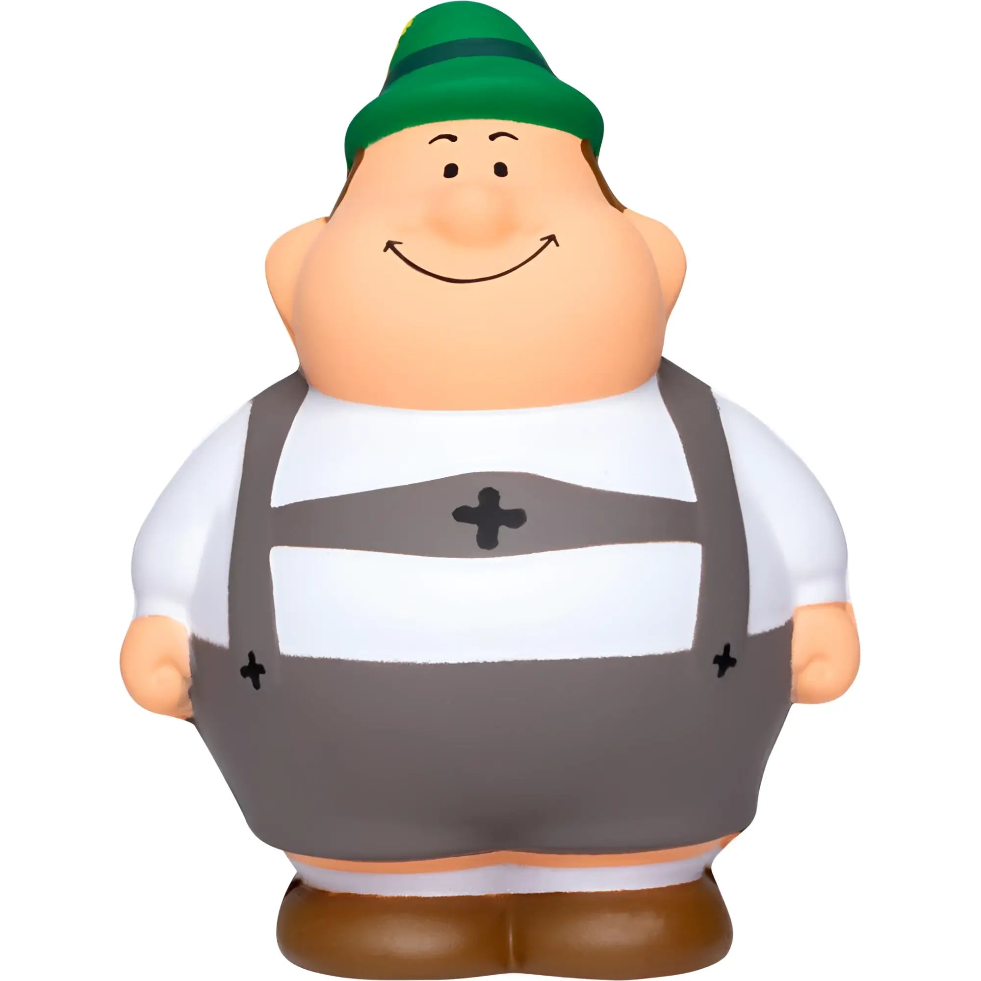 Eine fröhliche, pummelige bayer bert anti-stress-quetschfigur mit grünem hut und grauen overalls mit weißen streifen