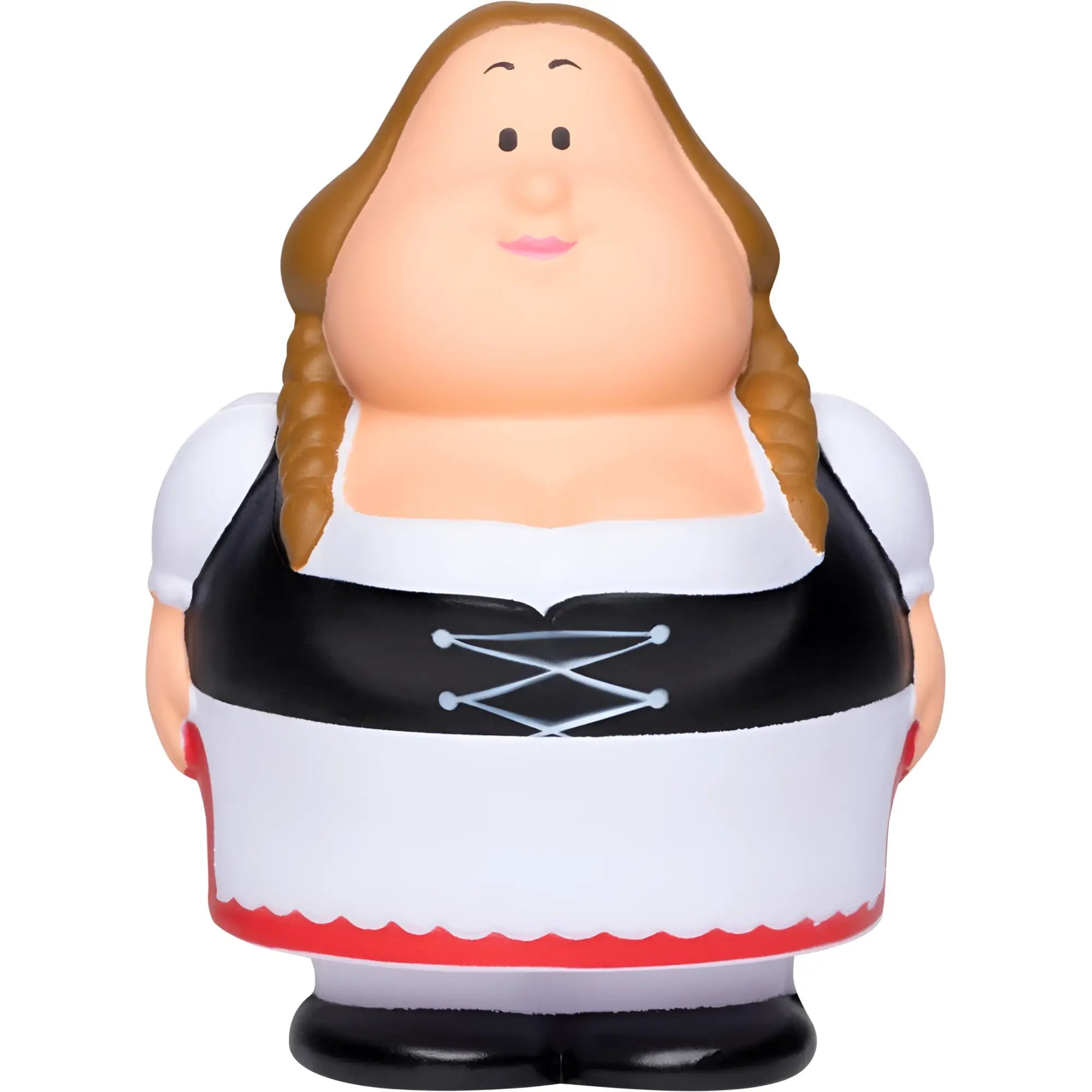 Bayerin berta anti stress figur mit geflochtenem braunem haar und schwarz weißem korsettkleid mit roten akzenten