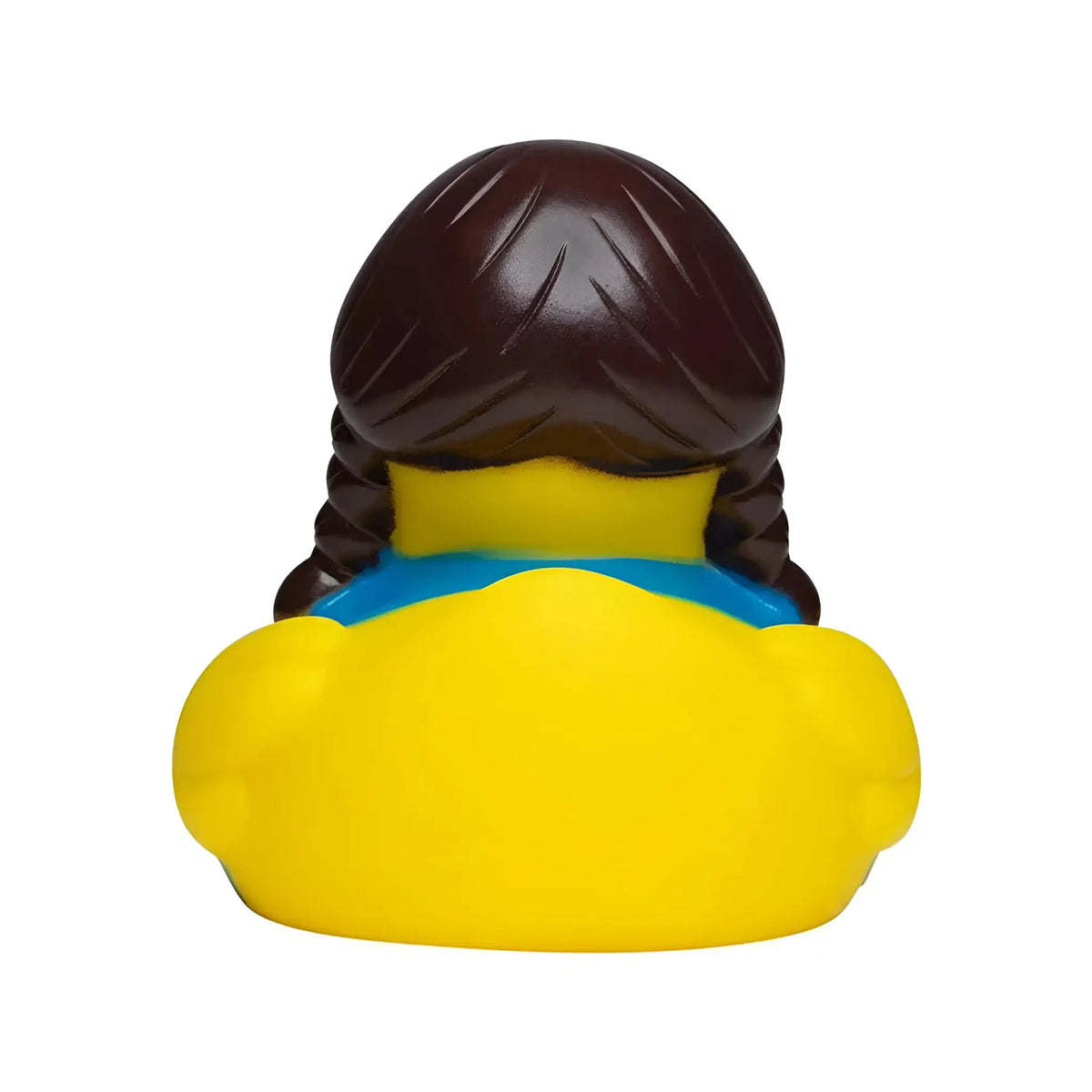 Gelbe bayerin quietsche ente mit dunkelbraiden zöpfen und blauem kragen aus gummi fürs badezimmer
