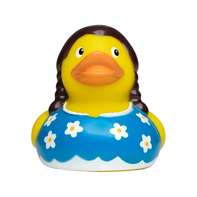 Bayerin quietsche-ente gelb mit braunen zöpfen und blauem kleid mit weißen gänseblümchen badeente