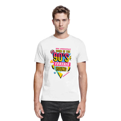 Weiße baumwoll t-shirt mit 90er jahre grafik born in 90s forever young aus der boombox statement-collection
