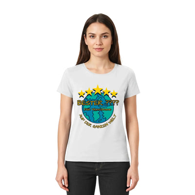 Weißes baumwoll t-shirt mit buntem globe grafik und fünf gelben sternen und text bester in fett schwarz