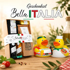 Gelbe badeente mit grünem blatt haar und rot weiß gestreiftem outfit hält pizzastück im bella italia geschenkset