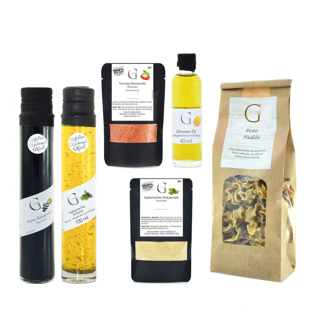 The bella italia geschenkset zeigt italienische kochzutaten mit balsamico, olivenöl und gewürzmischungen