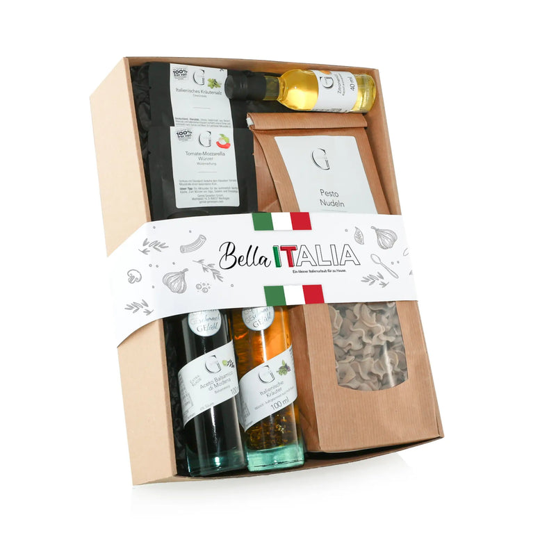 Bella italia geschenkset mit italienischen gewürzen und pasta in beiger papierschachtel mit weiße schleife