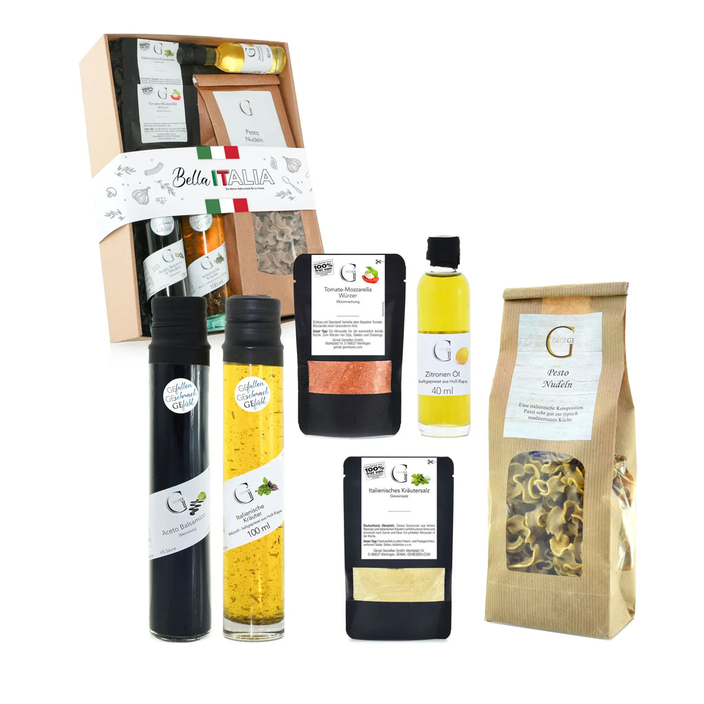 Italienisches Bella Italia geschenkset mit gourmet pasta und diversen würzglasflaschen in schwarzen pouches und braunem papier