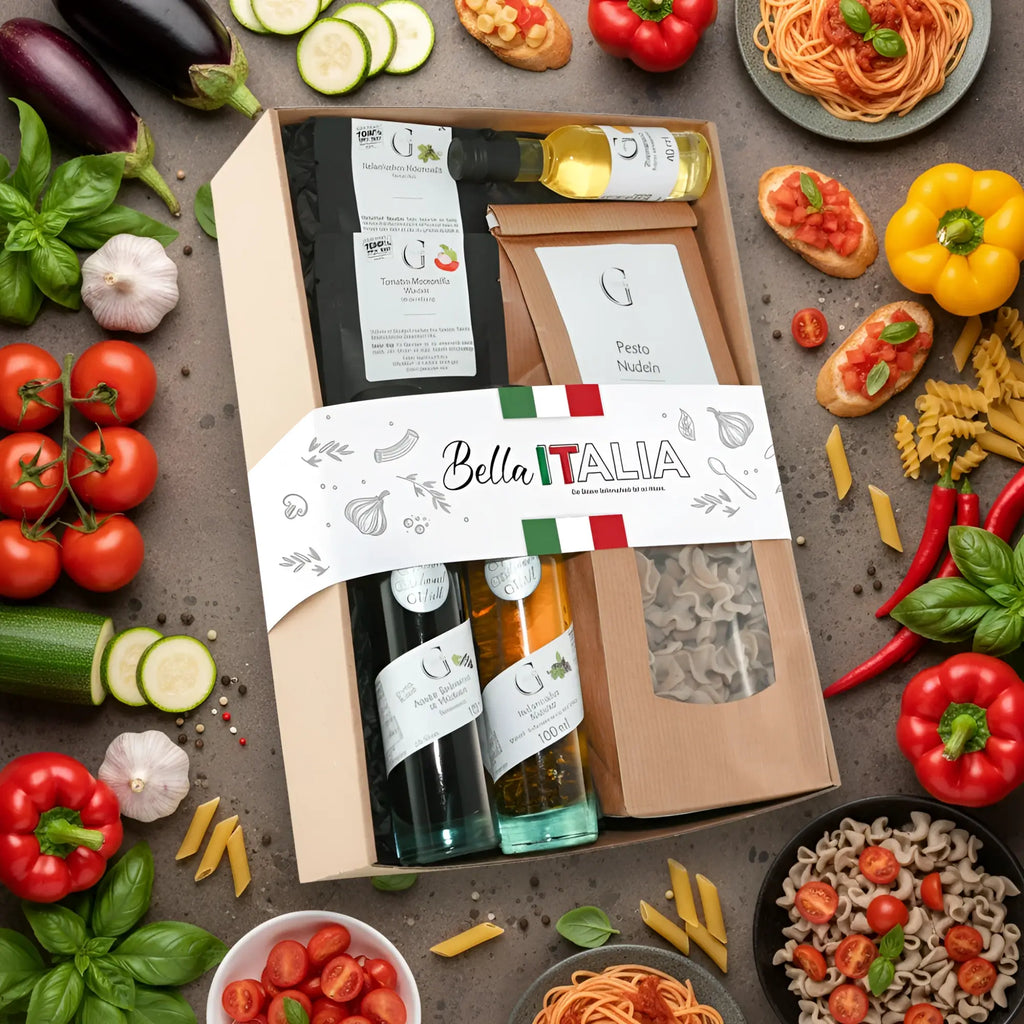 Bella italia geschenkset präsentkorb mit assortierten italienischen lebensmitteln wie olivenöl pasta und pesto