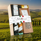 Bella italia geschenkset mit ausgewählten italienischen lebensmitteln wie olivenöl pasta pesto und tomatensoße in glasflaschen und papierverpackung