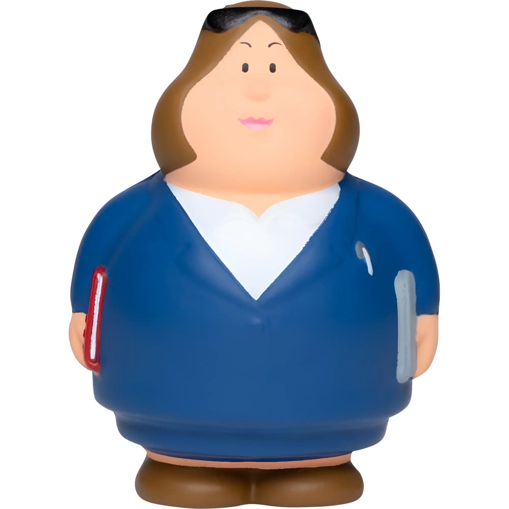 Blaue vinyl-beraterin berta anti-stress-quetschfigur mit braunen haaren und sonnenbrille auf dem kopf