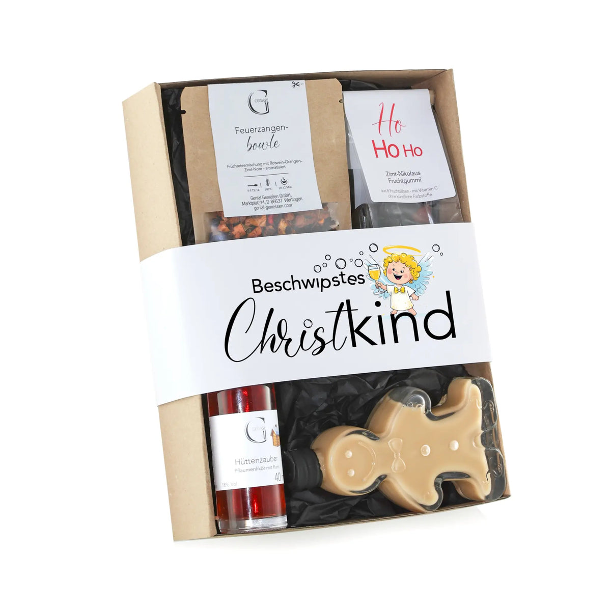 Ein beige gingerbread man geformtes candy aus klarem plastik in einer beschwipstes christkind geschenkbox mit festlicher verpackung