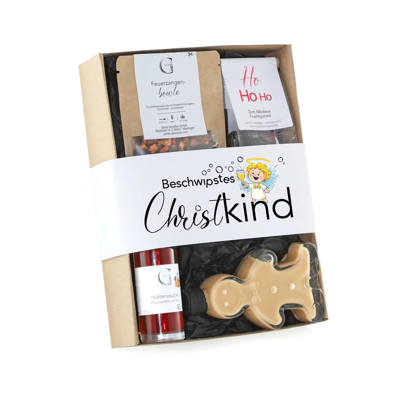 Ein beige gingerbread man geformtes candy aus klarem plastik in einer beschwipstes christkind geschenkbox mit festlicher verpackung