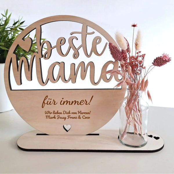 Beste Mama Holzdeko mit Trockenblume und Vase • personalisierbar • 4 verschiedene Designs zur Auswahl - BESTE MAMA