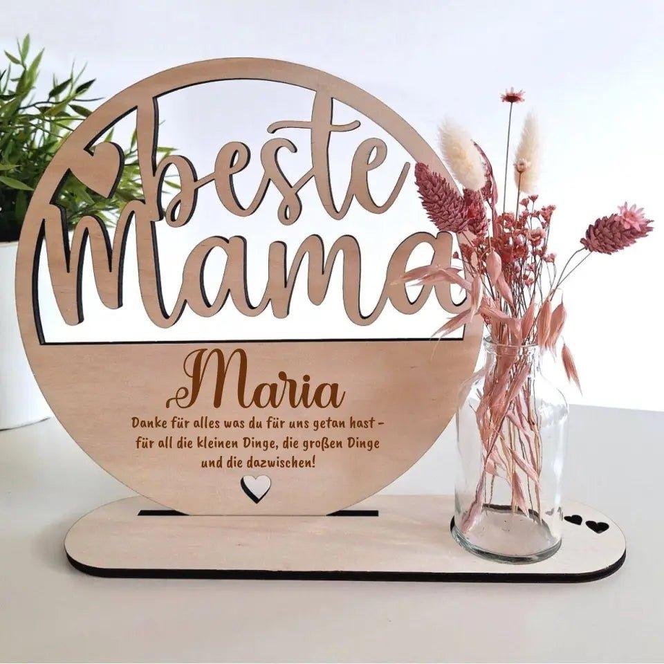 Beste Mama - personalisierbare Holzdeko mit Vase (Holzaufsteller) - HalloGeschenk.de #geschenkideen# #personalisiert# #geschenk#