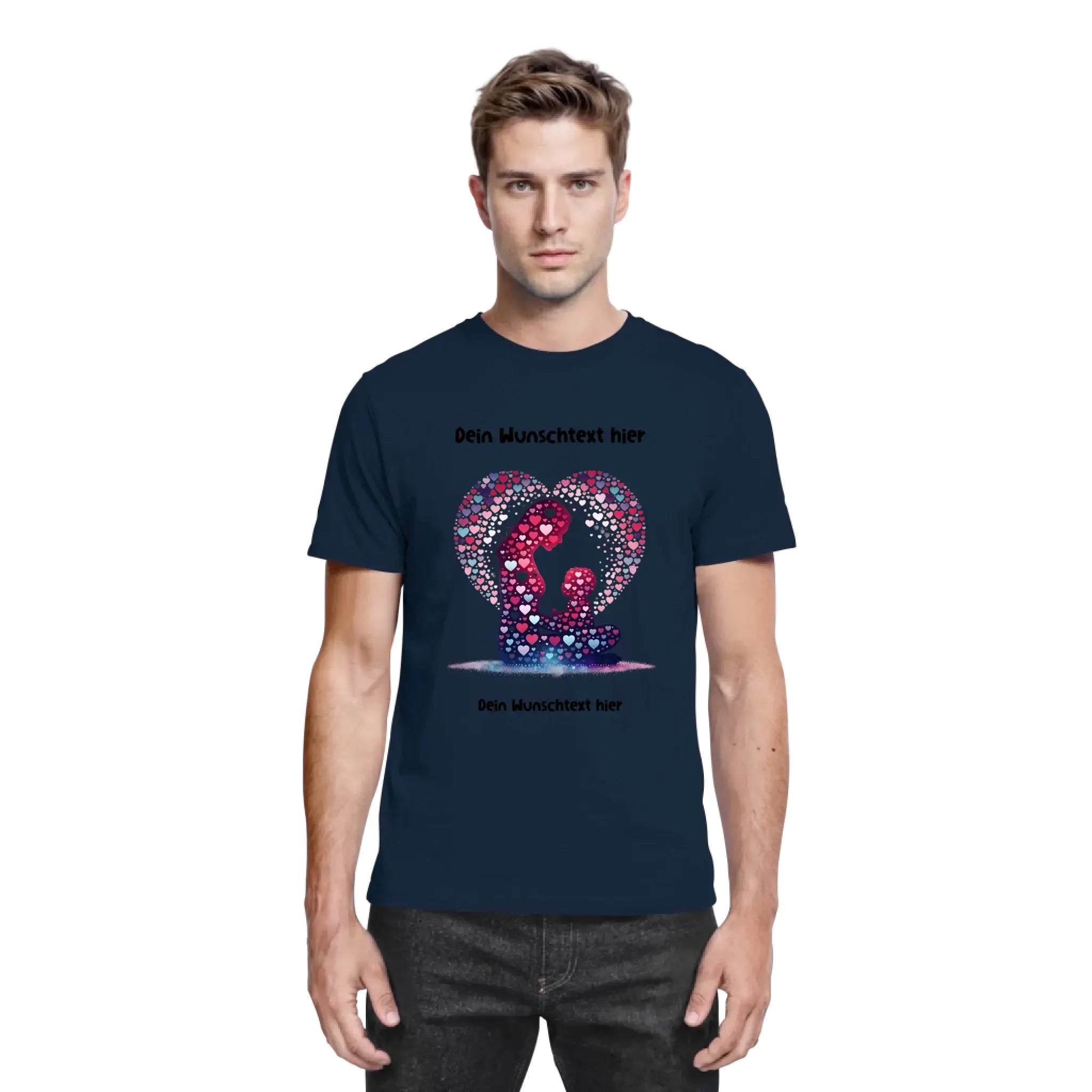 Navyblaues t shirt mit herzförmigem pink weißen herzen und wunschtext beste mama motive statement collection