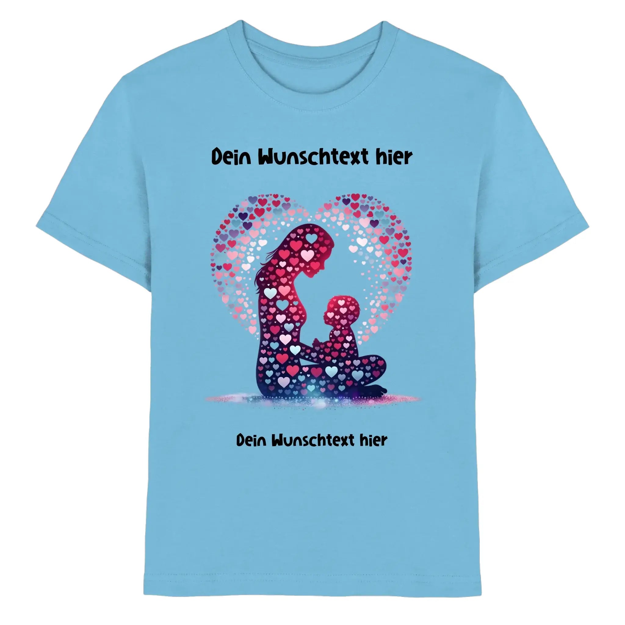 Hellblaues baumwollshirt beste mama mit herzdesign aus bunten herzen in form von mutter und kind silhouette