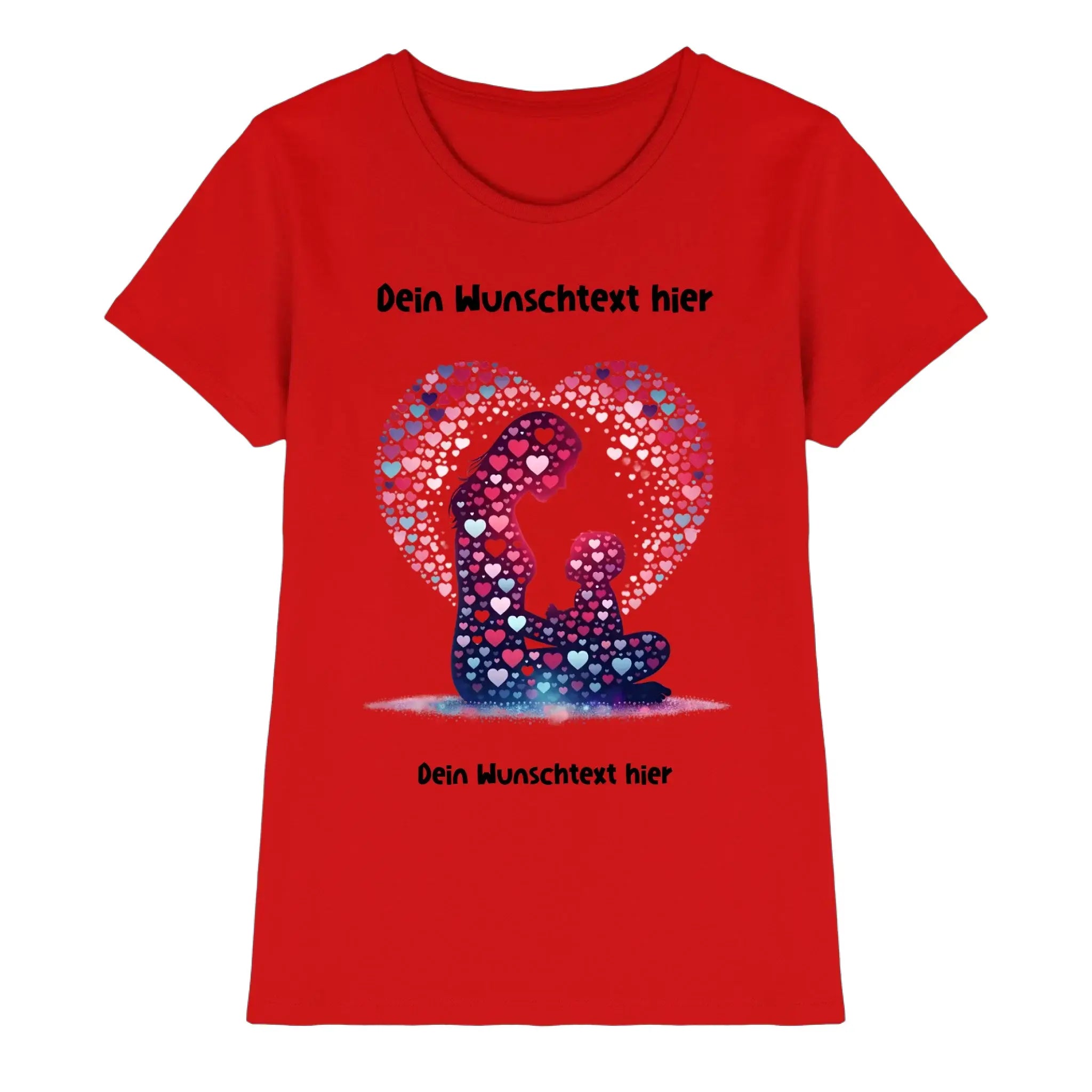 Rote damen t-shirt mit grafik zweier silhouetten in herzform und bunten herzen beste mama wunschtext design