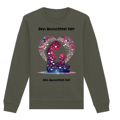 Olivegrüner langarm sweatshirt mit mehrfarbigem herzdesign rund um mutter kind silhouette beste mama statement collection