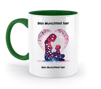 Weiße keramikmug mit grünem inneren und griff, herzförmige bunte silhouette von mutter und kind beste mama