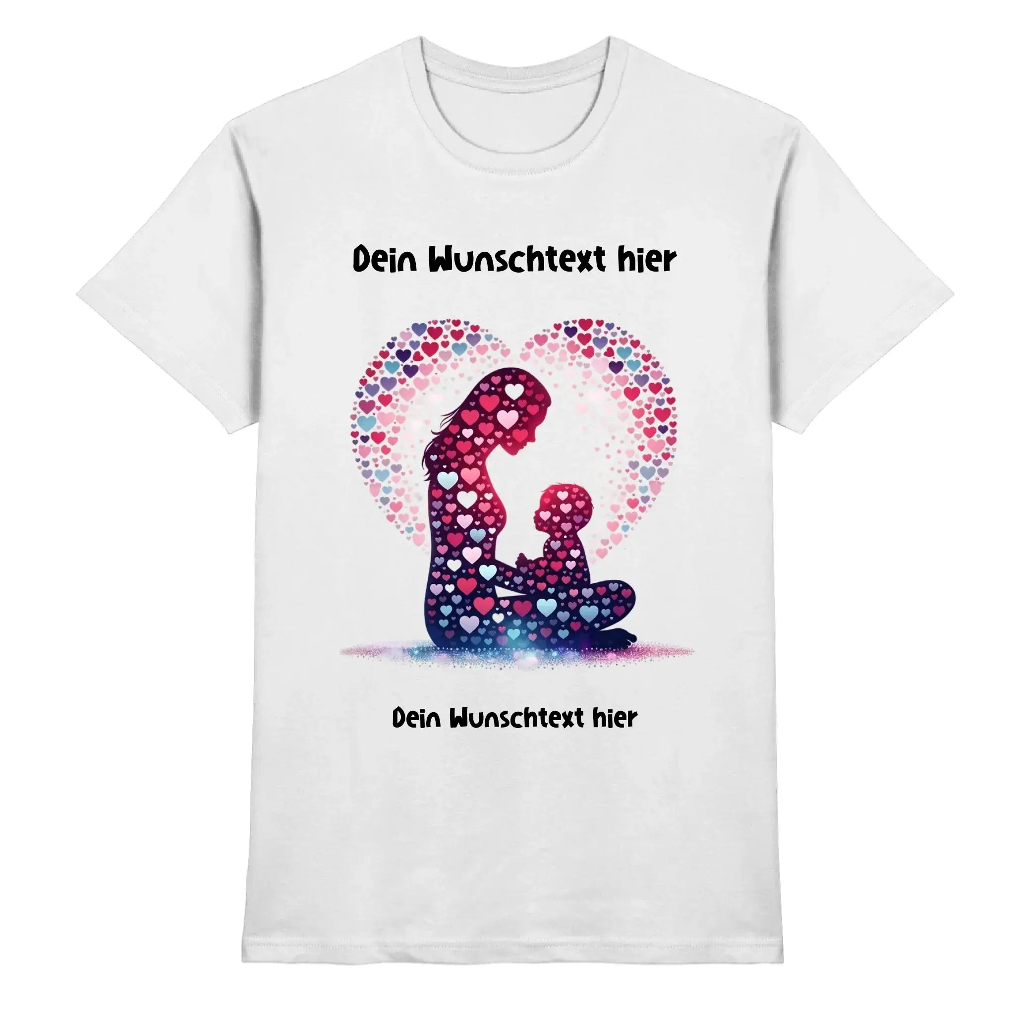 Weißes baumwoll t-shirt beste mama mit bunter herz-silhouette von mutter und kind und personalisierbarem wunschtext