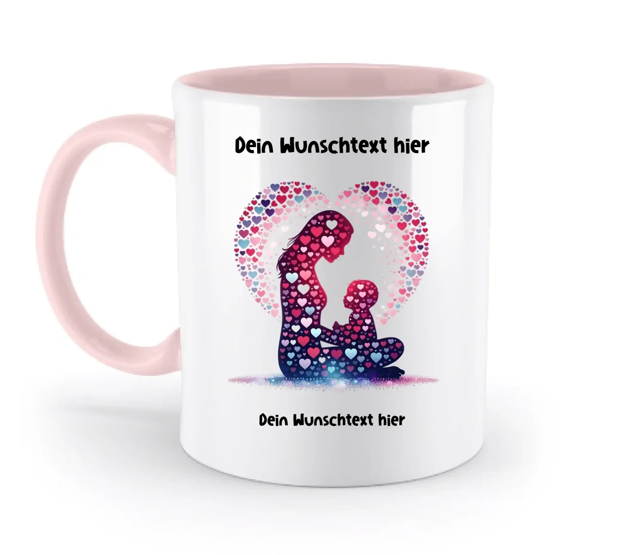Weiße keramiktasse mit pinkem griff und innenseite mit buntem herzdesign für beste mama wunschtext