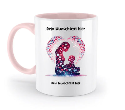 Weiße keramiktasse mit pinkem griff und innenseite mit buntem herzdesign für beste mama wunschtext
