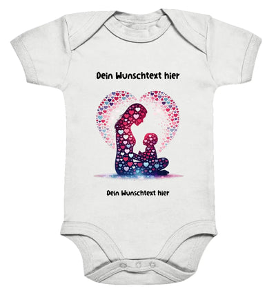 Weißer babybody mit silhouette von mutter und kind aus bunten herzen in rosa lila und blau beste mama wunschtext