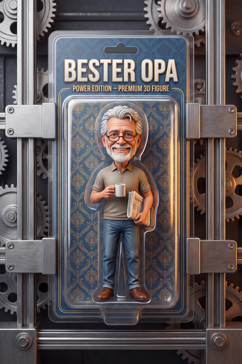 Bester Opa Power Edition Premium 3D-Figur, ein cartoonhafter älterer Mann mit grauem Haar und Brille in einem beigen Polohemd und blauen Jeans.