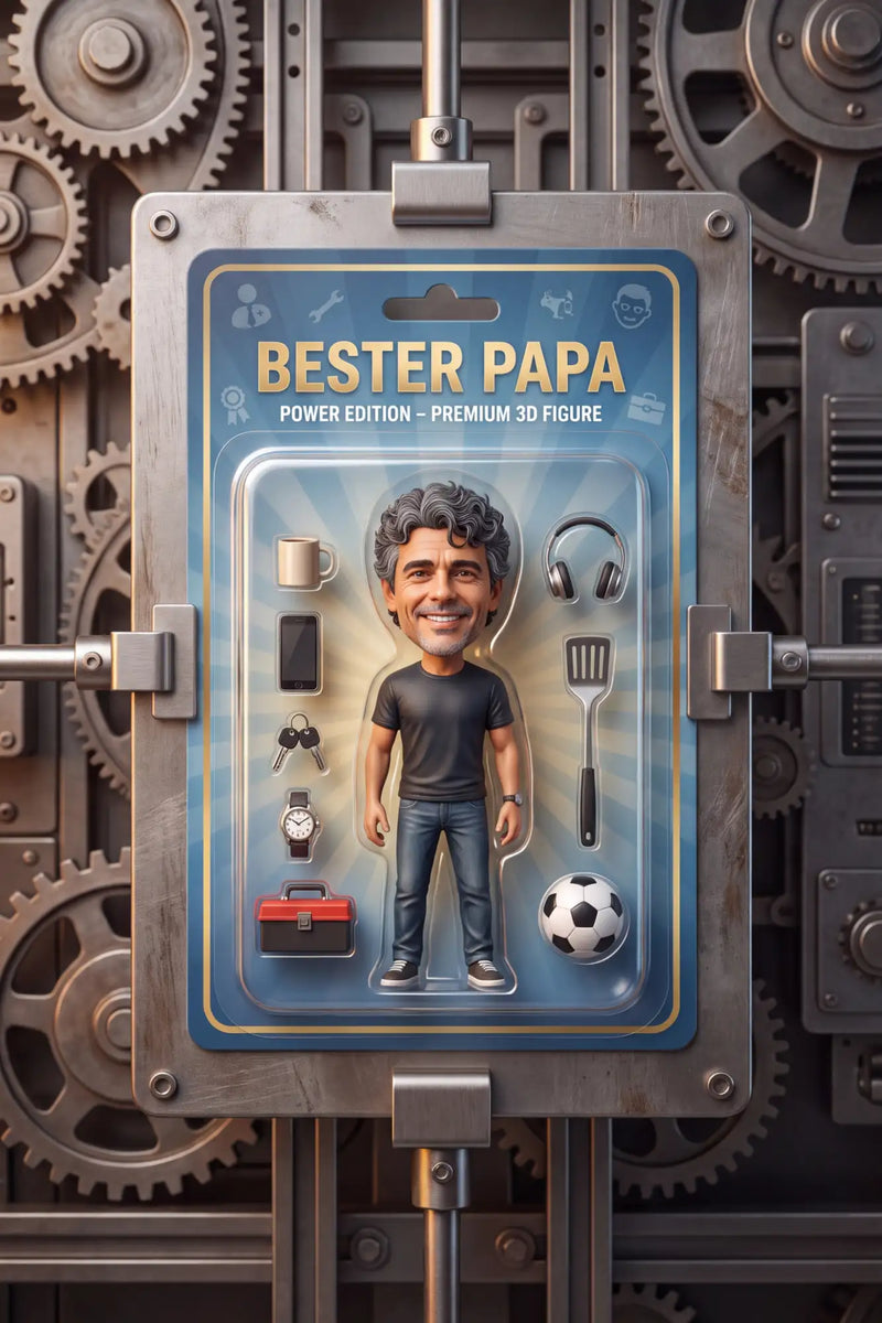 Ein lächelnder, grauhaariger Mann in einem schwarzen T-Shirt und blauen Jeans ist als 3D-Figur in seiner Verkaufspackung dargestellt, die mit „bester papa power edition - premium 3d figure“ beschriftet ist.