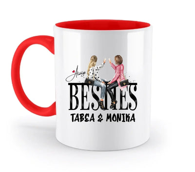Weiße keramikmug mit rotem griff und innen, schwarzes design zweier frauen die anstoßen aus der besties statement collection
