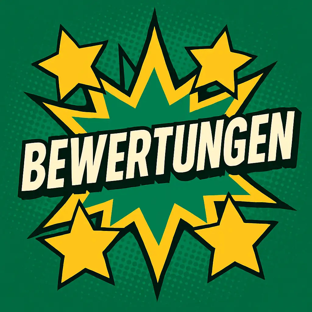 Leuchtend gelbe Sterne platzen vor einem kräftigen grünen Hintergrund und rahmen das Wort „bewertungen“ in dicken weißen Lettern mit schwarzen Konturen ein.