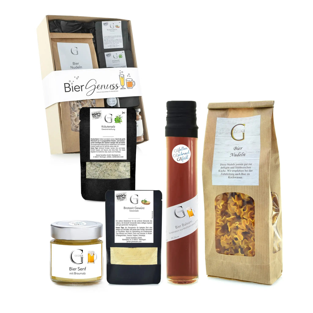 Bier Genuss Geschenkkorb mit Hopfen-Gewürzen, Balsamico-Essig und edler Banderole