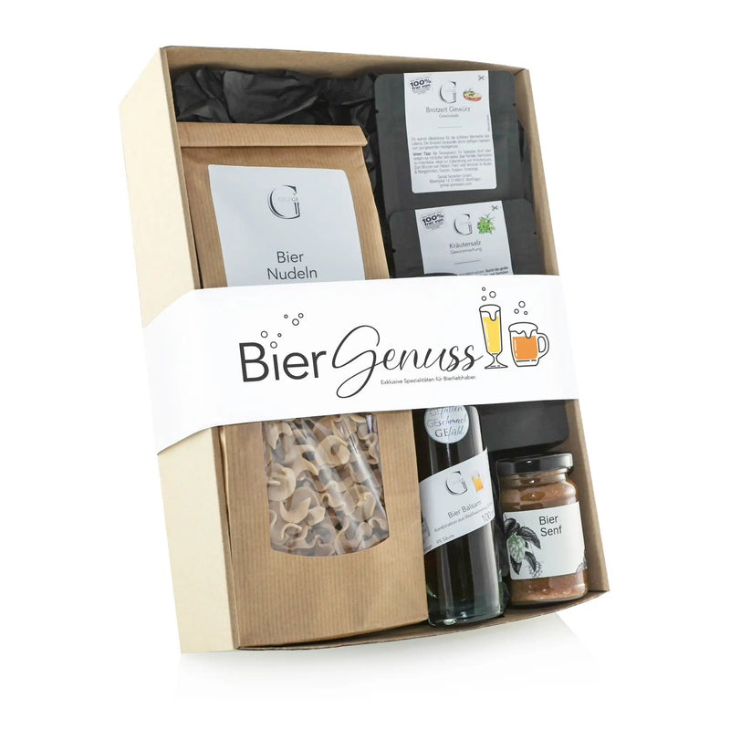 Bier Genuss Geschenkset im Präsentkorb mit weißer Banderole, gefüllt mit Bier-Pasta, Gewürzen und Bier-Spezialitäten