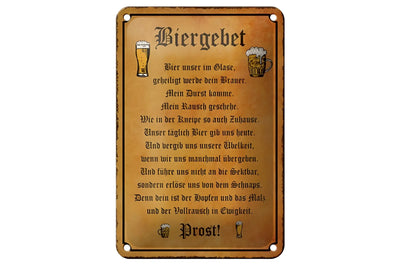 Vintage rechteckiges blechschild bier unser im glase mit rostigem bronze finish und geprägt biergebet text und bierkrüge