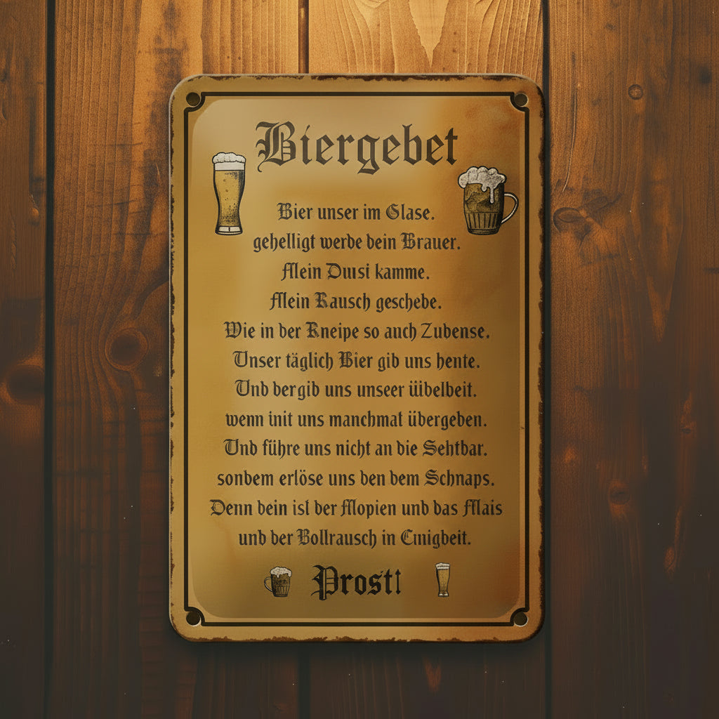 Rustikales Metallschild mit warmem goldbraunem Patina und schwarzer Serifenschrift mit deutschem Bierspruch biergebet