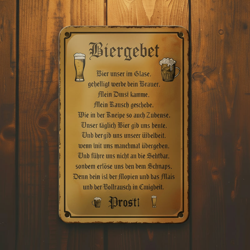 Rustikales Metallschild mit warmem goldbraunem Patina und schwarzer Serifenschrift mit deutschem Bierspruch biergebet