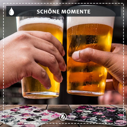 Bierdeckel mit Design Totenkopf - Untersetzer Totenköpfen im Rockabilly Stil - 50 Stück