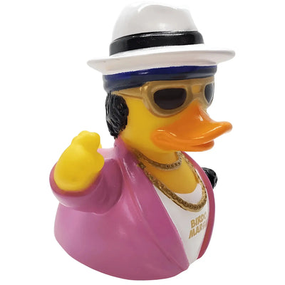Gelbe gummiente birdo marsh von celebriducks mit weißem fedora, goldgeränderten sonnenbrillen und pinkem anzug