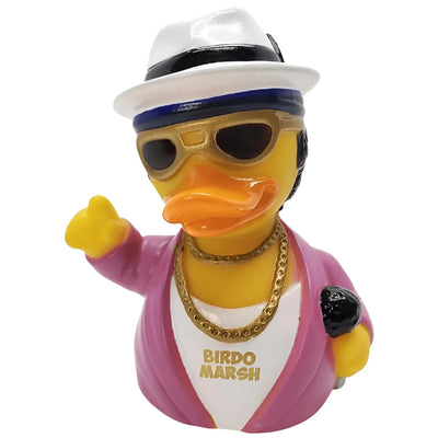 Birdo marsh gelbe gummiente mit weißem fedora goldenen sonnenbrillen pinker jacke und goldketten offizielles celebri ducks produkt