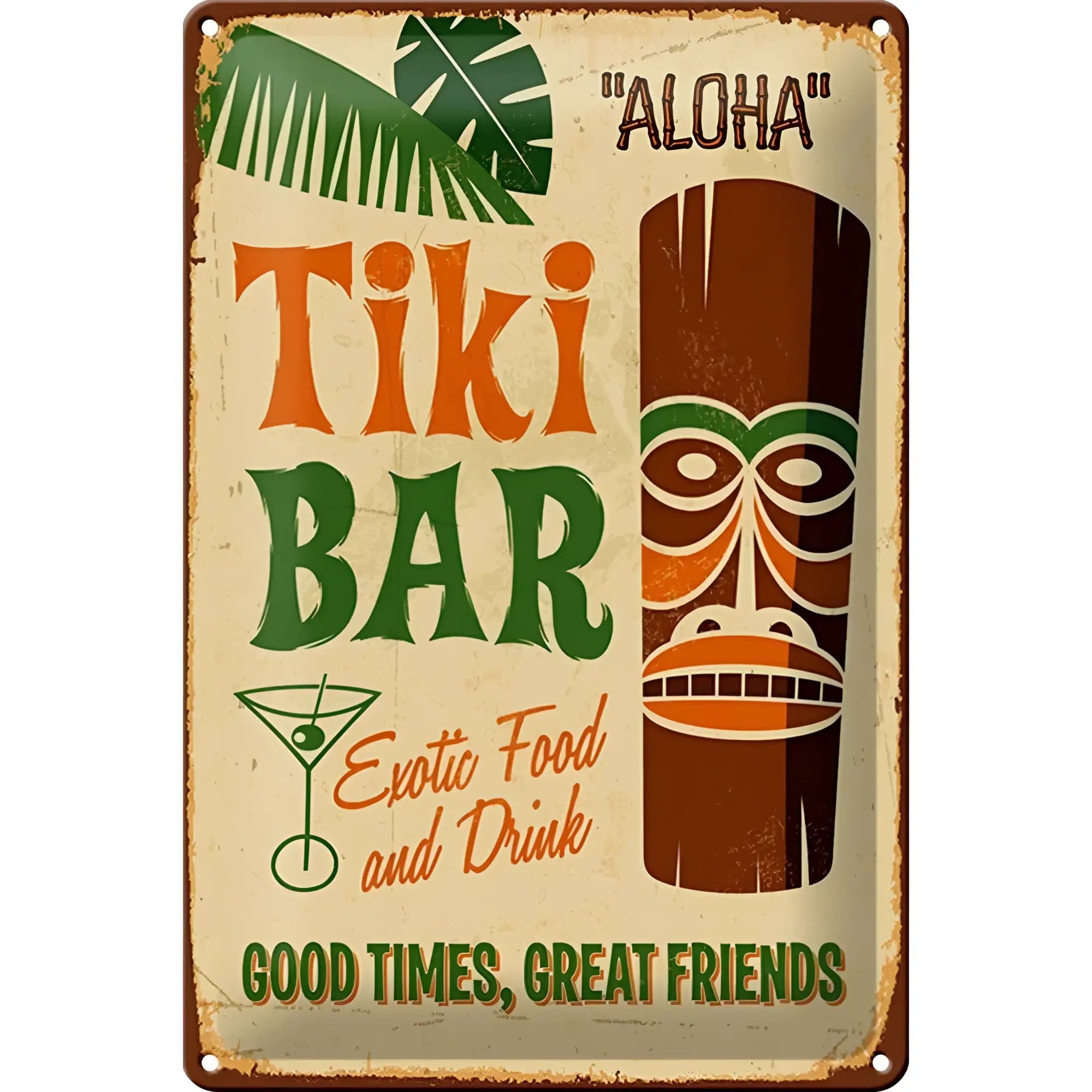 Vintage blechschild 20x30cm mit tiki bar text in orange und grün, brauner tiki maske und tropischen blättern