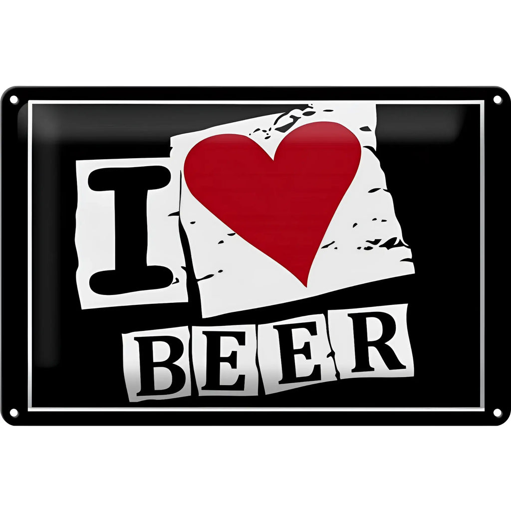 Black enamel blechschild 30x20cm mit distressed weißem hintergrund und i herz beer in schwarz und rot