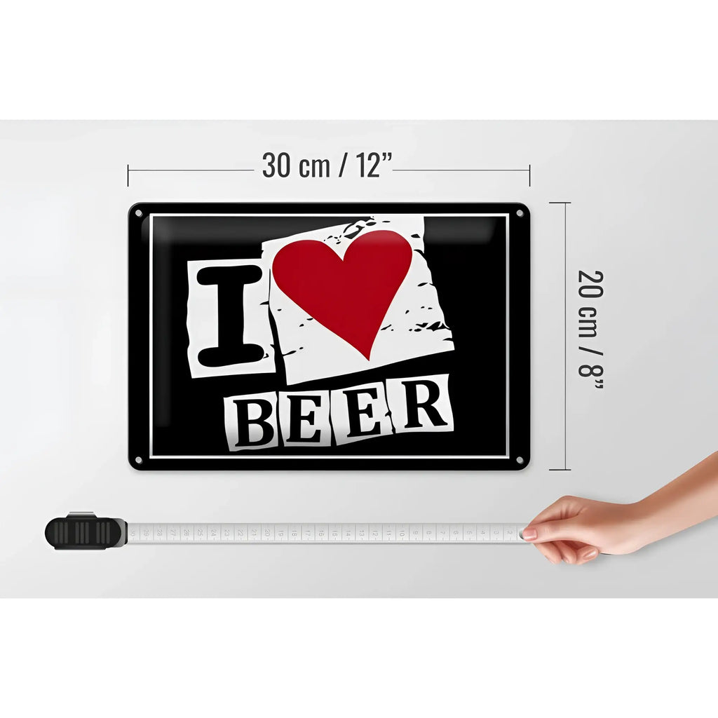 Blechschild 30x20cm aus schwarzem Metall mit rotem herz und weißem i herz bier textdesign