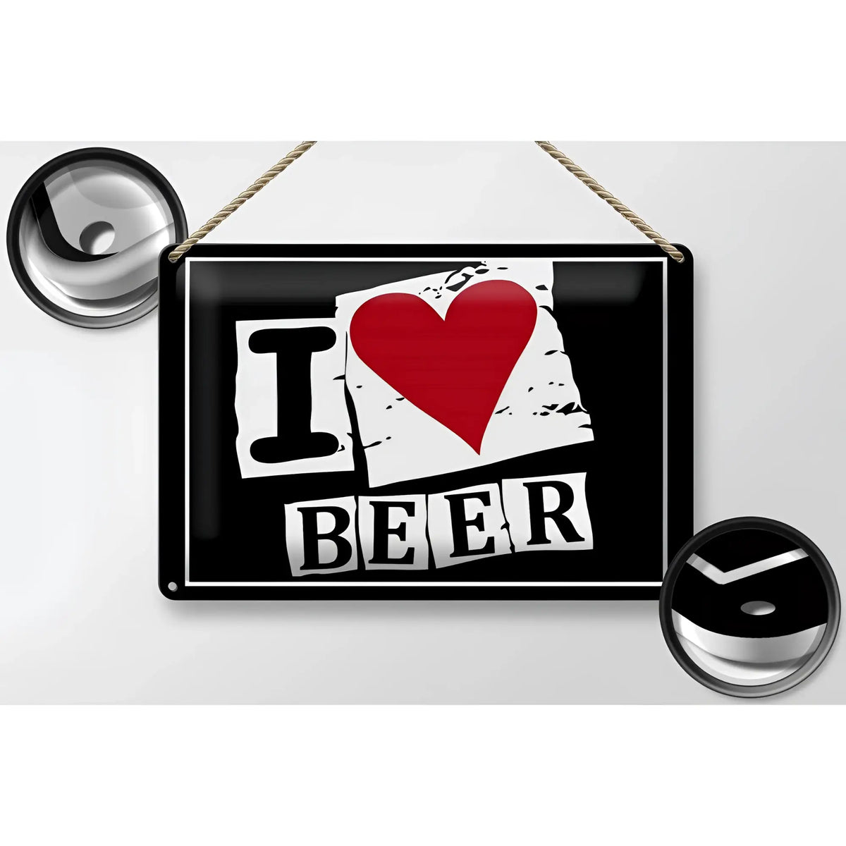 Blechschild 30x20cm schwarzes metall mit weiß-rotem distressed i love beer design für bierliebhaber