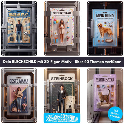 Blechschild mit 3d golden retriever figur in klarsichtverpackung und blauem hintergrund mein hund text