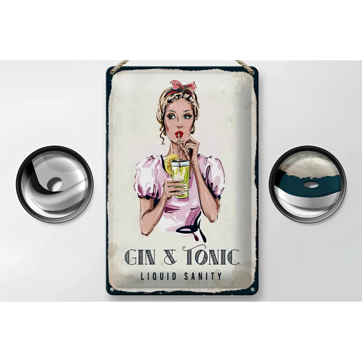 Vintage blechschild gin tonic liquid sanity 20x30cm mit frau in rosa und vintage illustration aus metall